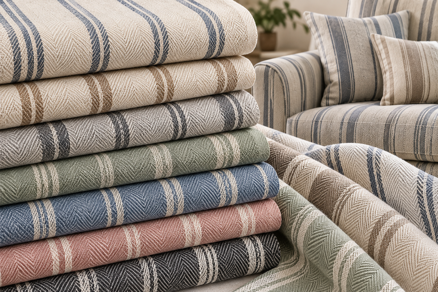 Linen Stripe Upholstery Fabrics Herringbone Design